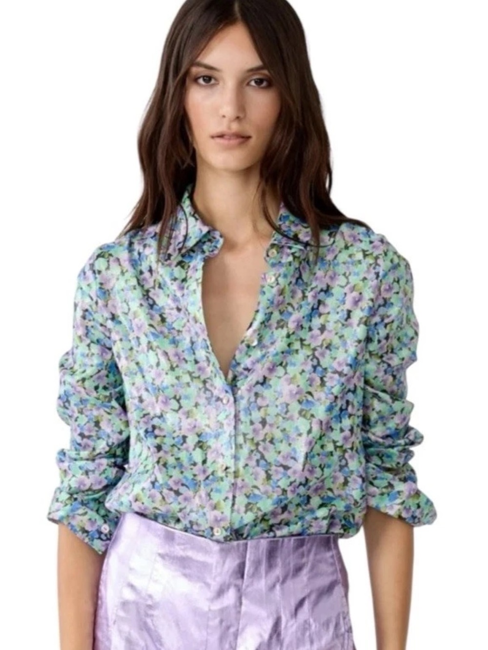 NWT Lanhtropy San Marino Metallic Linen Shirt In Purple Meadow Print XS $240